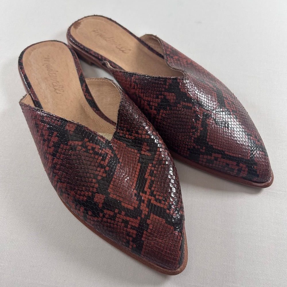 Madewell Gemma Mule Women 7.5 Red Black Snakeskin Leather Pointed Toe Slide Flat